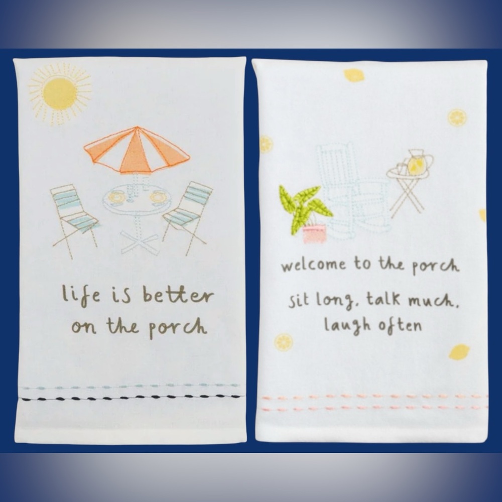 Mud pie Embroidered Porch beach life Tea kitchen bath hand Towels bundle 2 New